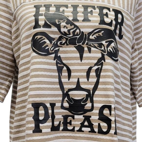 Hand Printed Upcycled Womens XL Cow Heifer Please Striped Back Button Top - Picture 2 of 5